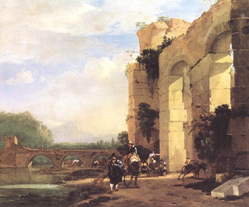 ASSELYN, Jan Italian Landscape with the Ruins of a Roman Bridge and Aqueduct cc Sweden oil painting art